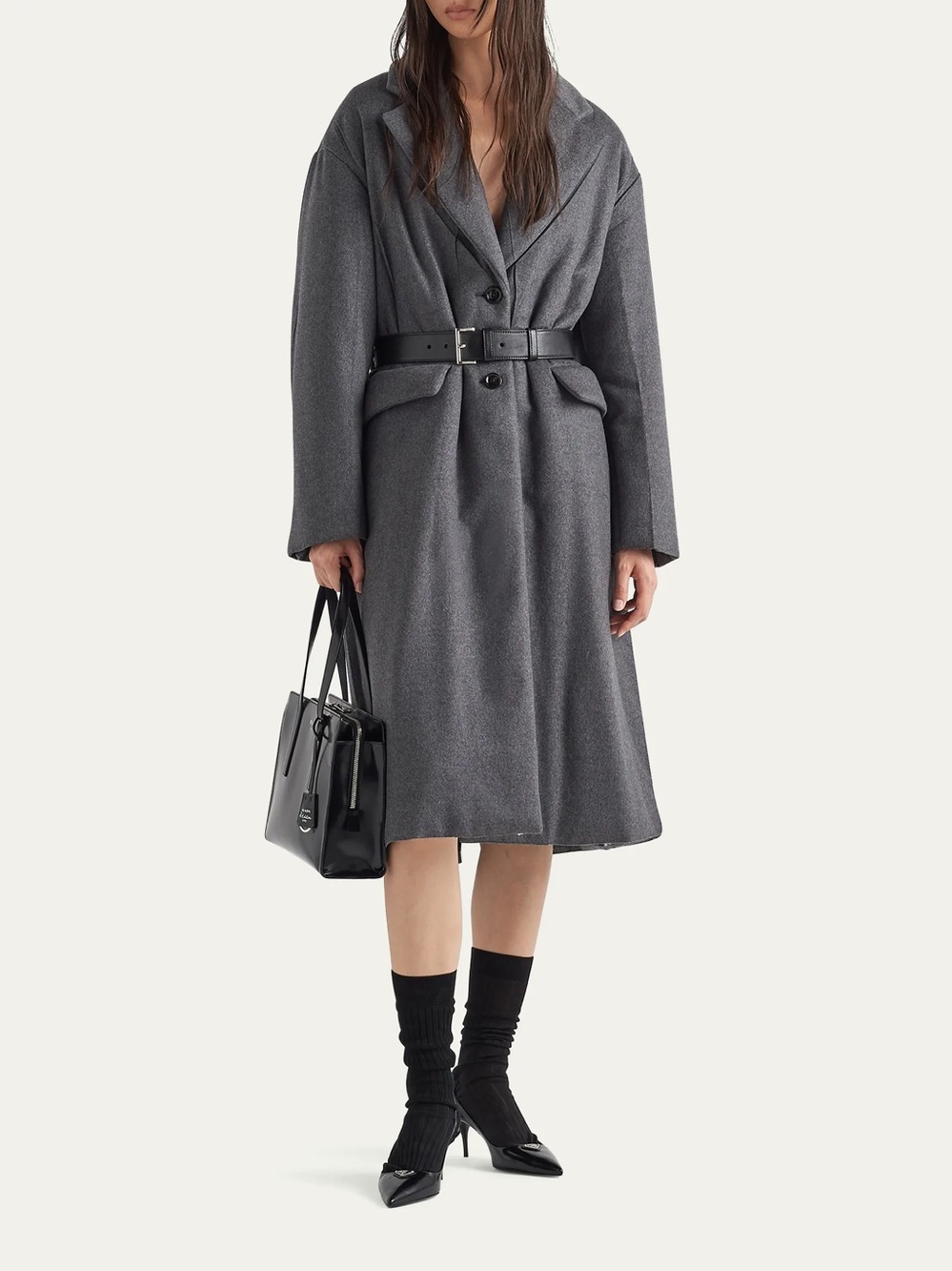 Prada Grey Cashmere Belted Oversized Coat Size 38 NWT Triangle Logo